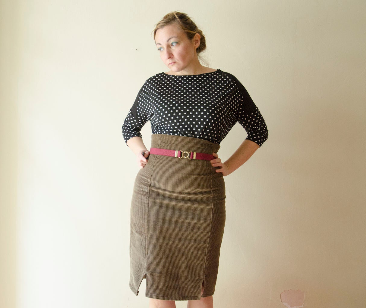 Corduroy Pencil Skirt High Waist Olive Green Retro Knee Skirt | Etsy