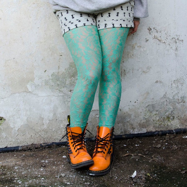 Mint Lace Leggings, Handmade Tights, Also available in Raspberry and Coral Pink