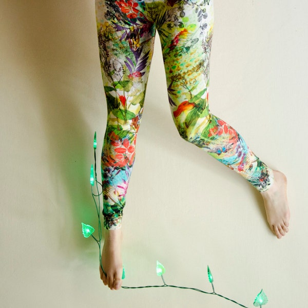Floral Printed Leggings, Enchanted Forest Flowers Womens Leggings, Plus Sizes Available, Gift For Her