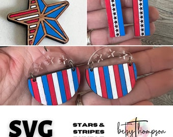 May include: A set of four patriotic-themed earrings. Two earrings are made of clear acrylic with red, white, and blue stripes and stars. The other two earrings are made of wood with red, white, and blue stripes and stars. The earrings are labeled "Stars & Stripes Bundle".