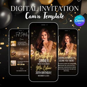 Digital Birthday Dinner invitation, Gold Birthday Evite, Digital Birthday Party Invite, Editable Template, Text, Birthday Party, text invite