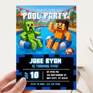 Inbjudan till poolparty, födelsedagsinbjudan till pool, mall för inbjudan till poolparty, poolparty för gamers, Premium Canva-mall för barn