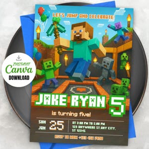May include: A colorful birthday party invitation featuring pixelated characters and the text "LET'S JUMP AND CELEBRATE!". The invitation includes the name "JAKE RYAN" and the number "5". Additional details include the date, time, and location.
