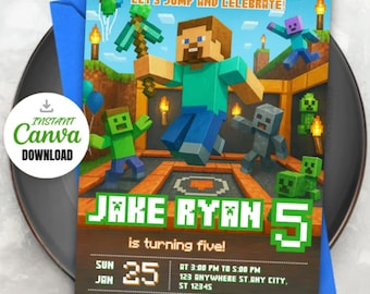 Pixel Block Trampoline Park Party Invite, Sky-Zone Birthday Party Invitation, Teen Jump Party, Lets Jump Party, Premium Canva Template