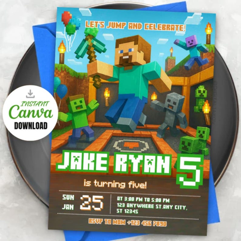 Pixel Block Trampoline Park Party Invite, Skyzone Birthday Party