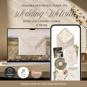 Op de afbeelding: Een sjabloon voor een trouwwebsite weergegeven op een laptop en smartphone. Het ontwerp bevat een envelop met de namen "Sarah & John", een countdown timer en afspeelbare muziek. De tekst "Wedding Website" staat bovenaan.