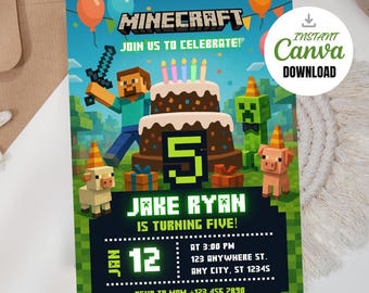 May include: A Minecraft-themed birthday party invitation with a blue background. The invitation features pixelated characters, a cake with candles, and the text "Join us to celebrate!" and "Jake Ryan is turning five!"