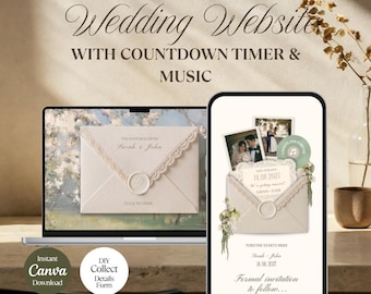 Ivory & Sage Green Floral Save The Date Template with RSVP, Music, Countdown Timer: Editable Canva Design (Digital Download)