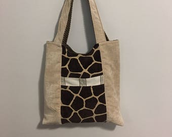 Giraffe Print and Green Reversible Tote Bag Purse