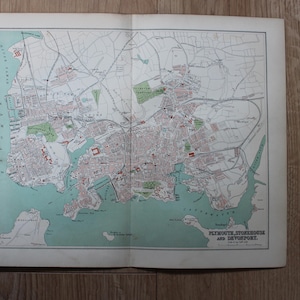 Vintage kaart van Plymouth, originele afdruk uit 1895
