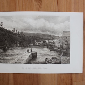 Vintage Gravur vom Hafen von Looe (Cornwall), Original 1895 Druck