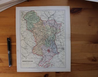 Vintage kaart van Derbyshire, originele afdruk uit 1895