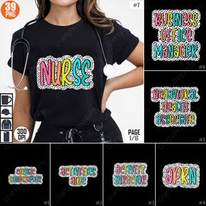 May include: A set of 39 digital designs featuring various job titles with a polka dot background. The designs are in a variety of colors, including pink, blue, yellow, and green. The text is in a playful, handwritten font. The designs are perfect for creating t-shirts, mugs, tote bags, and other personalized items.