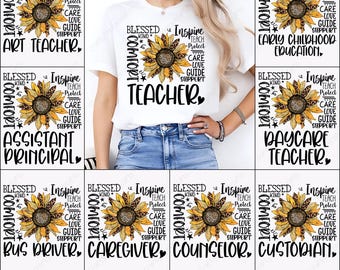 Sunflower Teacher PNG, School Staff Sublimation Clipart, Educator Shirt Design, Daycare Counselor Bus Driver Digital Download