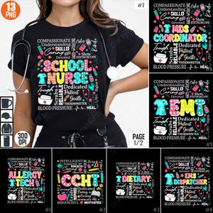 Puede incluir: Una hoja de diseño digital con 10 diseños diferentes para camisetas. Cada diseño presenta una nube de palabras colorida con el título de una profesión médica, como "Enfermera de escuela", "EMT", "Técnico de alergia", "CCHT", "Dietista", "Despachador de EMS".