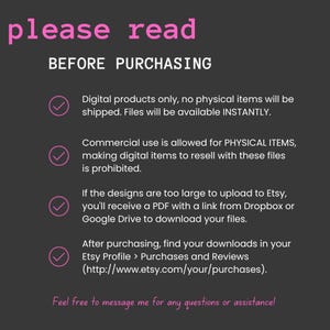 May include: A checklist of information for buyers of digital products on Etsy. The checklist includes information about digital products, commercial use, file size, and downloading files.