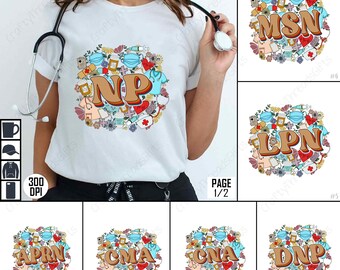 May include: Nine different designs of colorful, illustrated medical scrubs with various medical abbreviations, including NP, MSN, LPN, APRN, CMA, CNA, and DNP. Each design features a variety of medical symbols and flowers.