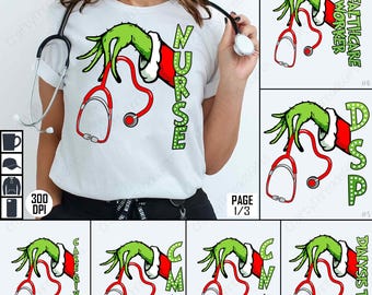 Grinch Nurse PNG Bundle, Grinch Hand Stethoscope Clipart, Nurse Christmas Sublimation, Healthcare Worker Holiday Design, Digital Download