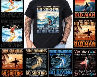 Surfing Grandma PNG, Grandpa Surfing Design, Vintage Surf, Retro Beach Life Graphics, Summer Ocean Sports, Grandma Surfer, Surfing Grandpa