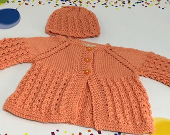 READY TO SHIP ~ Handknit Baby Girl Cardigan and Hat ~ Baby Girls ~ Baby Shower Gift ~ Orange ~ Acrylic Yarn ~ Newborn to 6 months