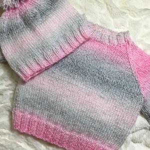 READY TO SHIP ~ Handknit Baby Cardigan Hat Set ~ Baby Girls ~ Baby Shower Gift ~ Pink ~ Gray ~ Size 6 to 9 months