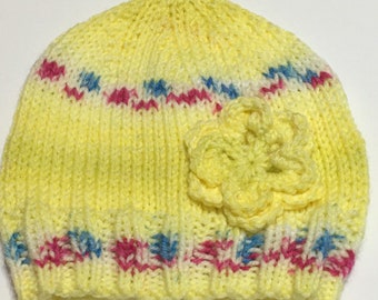 READY TO SHIP ~    Handmade Knit Beanie with Flower Hat ~ Toddler Girls~ Acrylic   ~    Multicolored ~ Size 6-12 months