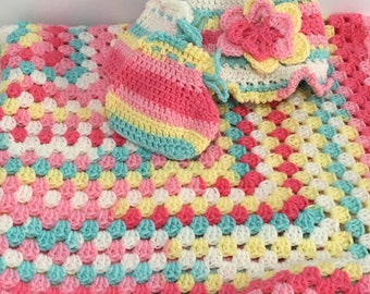 READY TO SHIP ~ Crocheted Blanket Hat and Booties ~ Baby Girls ~ Tutti Fruitti ~Pink ~ White ~ Blue ~Yellow ~ Newborn to 6 months