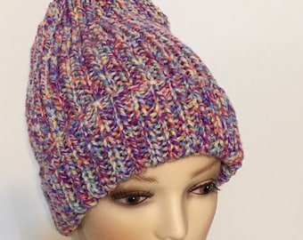 READY TO SHIP ~ Handmade Knit Women's ~ Teens Beanie ~ Acrylic ~ Stretches up to 22” ~ Multicolor