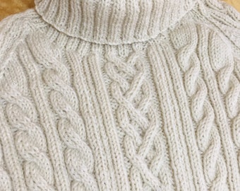 MADE TO ORDER   ~     Handmade Knit Men's Aran Cable Sweater ~ Aran ~ Wool ~ Turtleneck ~ Size Extra-Large