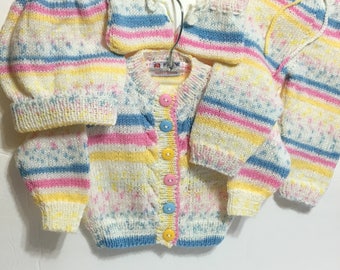 READY TO SHIP ~ Knit Baby Cardigan Hat Leggings Booties ~ Baby Girl ~ Baby Shower Gift Set ~ Multicolored ~ Acrylic ~ Size 6 to 12 months