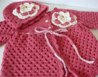 READY TO SHIP     Crocheted Baby Girl Matinee Jacket and Hat in Soft Red and Ivory            Size 12 to 18 months