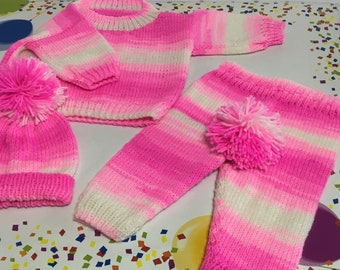 READY TO SHIP ~ Knit Baby Sweater Leggings Hat ~ Baby Girls ~ Baby Shower Gift ~ Pink ~ White ~ Acrylic Yarn ~ Newborn - 6 Months