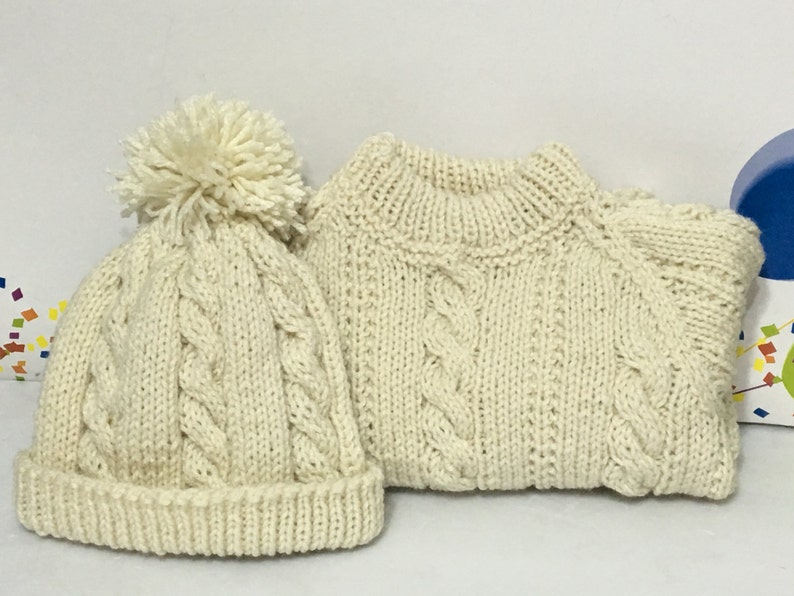 READY TO SHIP Handmade Knit Aran Cable Sweater and Hat Toddler Boys Aran Acrylic Size 1 to 2 years image 2