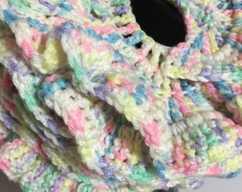 Handmade Ruffled Crocheted Scarf: Multicolored Acrylic, 72" x 4.0"