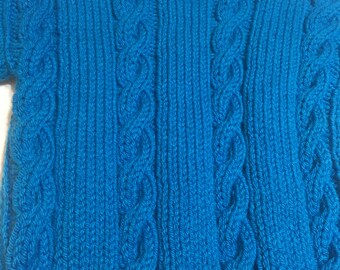 READY TO SHIP ~  Handmade Knit  Aran Cable Sweater ~ Boys ~ Blue ~ Chunky Weight ~ Acrylic      Size 4T