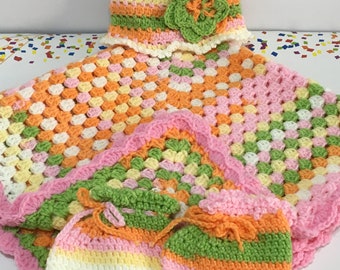 READY TO SHIP ~ Crocheted Blanket Hat and Booties ~  Baby Girls ~ Spumoni~Pink~White~Yellow~Green~Orange ~ Newborn to 6 months
