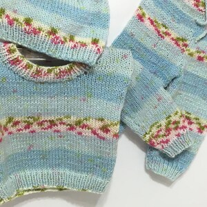 READY TO SHIP    Knit Baby Pullover Leggings & Hat ~ Unisex ~ Baby Shower  ~ Blue Multi ~ Acrylic             Size Newborn to 6 months