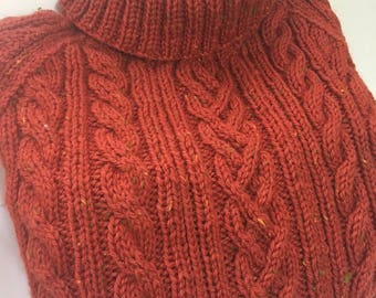 MADE TO ORDER   ~     Handmade Knit Men's Aran Cable Sweater ~ Paprika Tweed ~ Wool ~ Turtleneck ~ Size Extra-Large