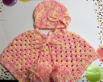 READY TO SHIP     Handmade Crocheted Toddler Poncho and Hat ~ Pink ~ Yellow ~ Acrylic ~ Size 4 to 6 years