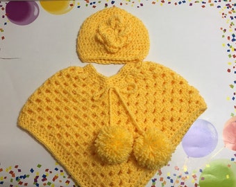 READY TO SHIP     Handmade Crocheted Toddler Poncho and Hat ~ Yellow ~ Acrylic ~ Size 2 to 4 years