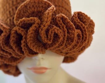 Handgemaakte gehaakte emmerhoed met ruches - Pumpkin Spice acryl rand