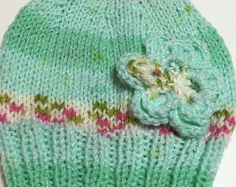 READY TO SHIP ~    Handmade Knit Beanie with Flower Hat ~ Toddler Girls~ Acrylic   ~    Multicolored ~ Size 6-12 months