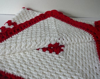 READY TO SHIP ~ Crocheted  Baby Blanket ~ Baby Boys ~ Baby Girls ~ Cherry Red ~ White  ~ Acrylic  ~ Size 34" x 34"