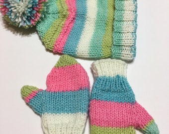 PRÊT À EXPÉDIER ~ Chapeau tricoté fait main et mittens ensemble ~ Toddler Girls ~ Multicolore ~ Acrylique ~ Taille 2 à 4 ans