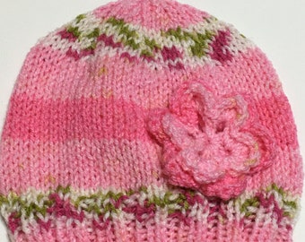 READY TO SHIP ~    Handmade Knit Beanie with Flower Hat ~ Toddler Girls~ Acrylic   ~    Size 6-12 months