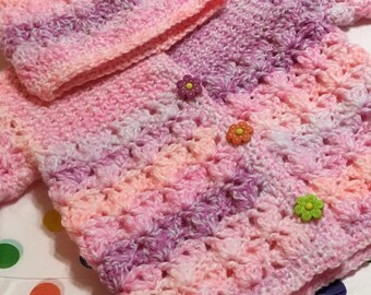 READY TO SHIP ~ Crochet Baby Cardigan and Hat ~ Baby Girls ~ Baby Shower Gift ~ Acrylic Yarn ~ Pink Multi ~  Size 6 months