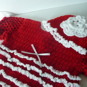 READY TO SHIP   Handmade Ruffled Baby Dress/Beanie/Girls/Red/White Flower                   Size 12 to 18  months