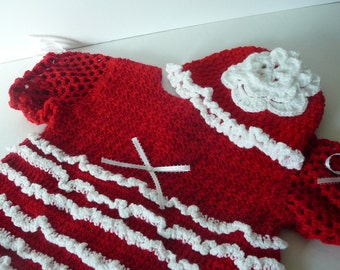READY TO SHIP   Handmade Ruffled Baby Dress/Beanie/Girls/Red/White Flower                   Size 12 to 18  months
