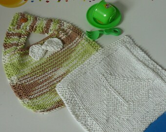 Hand Knit  Baby Bib and Wash Cloth Set in Green Brown and White          READY TO SHIP           One Size