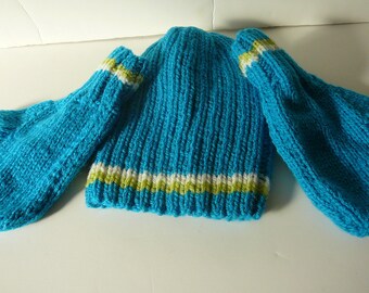 READY TO SHIP ~ Handmade Knit Toddler Ribbed Hat and Mittens Set  ~ Toddler Boys ~ Blue ~ Green ~ Ivory ~ Acrylic ~  Size 2 to 4 years